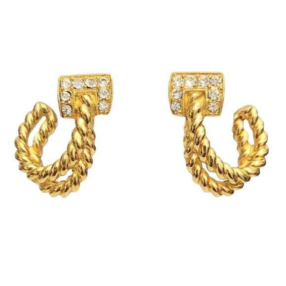 Trifari Gold Tone Clear Rhinestone Rope Twist J Hoop Clip Earrings, Signed M280 - Picture 1 of 6